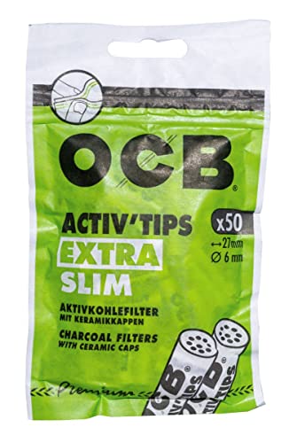 OCB 18571 ActivTips Extra Slim 6 mm-Aktivkohlefilter mit Keramikkappen-20 Beutel a 50 Stück = 1 Display, Papier von OCB