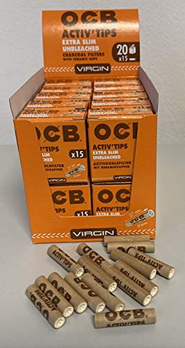 OCB 19400 Unbleached ActivTips Extra Slim 6 mm Keramikkappen-1 VE = 20 Boxen a 15 Aktivkohlefilter, Papier von OCB