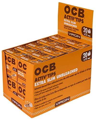 OCB 19400 Unbleached ActivTips Extra Slim 6 mm Keramikkappen-1 VE = 20 Boxen a 15 Aktivkohlefilter, Papier von OCB