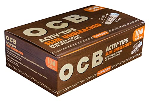 OCB 19823 ActivTips Slim Unbleached-7 mm-Virgin-Aktivkohlefilter mit Keramikkappen-10 x 50 500 Stück, Papier, Mittel von OCB