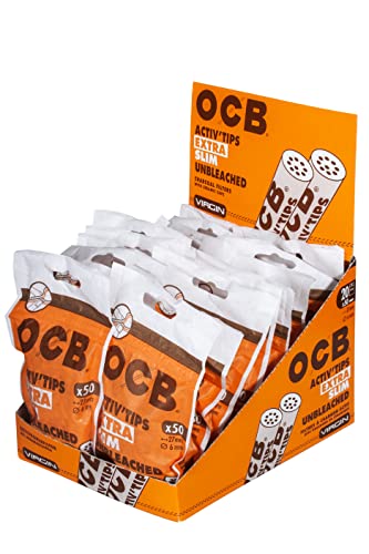 OCB 20156 ActivTips Unbleached Extra Slim 6 mm-Aktivkohlefilter mit Keramikkappen-20 Beutel a 50 500 Stück, Papier von OCB