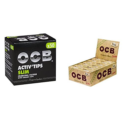 OCB ActivTips Slim 7 mm-Aktivkohlefilter mit Keramikkappen-5 x 50 Stück, Silber, smal & 1009 Organic Hemp Slim Rolls von OCB