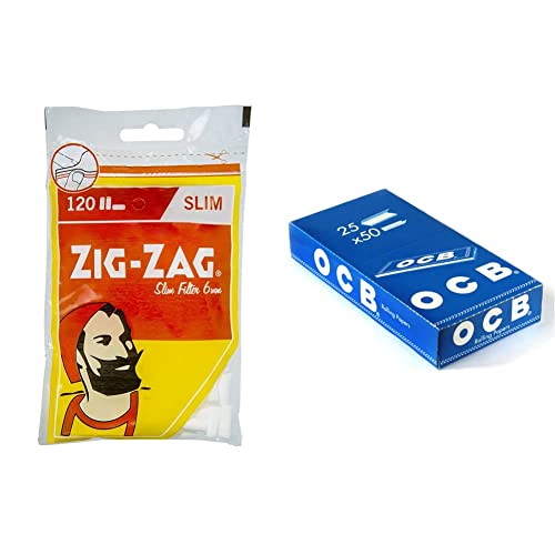 OCB Zig-Zag Slim Filter 6mm | 34 Beutel je 120 Filter & Blau Kurz - Rolling Papers - Drehpapier - Blättchen -25 Heftchen a 50 Blatt von OCB