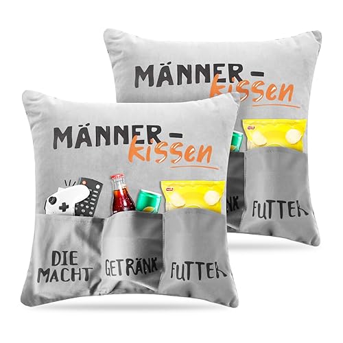 OCCOUMR 2 Stück Männer Kissen Zierkissenbezug, Männer Kissen mit 3 Taschen, Lustige Männer Kissenbezug Dekokissen, 45 x 45cm Grau Zierkissenbezug, für Männer, Geschenke für Männer von OCCOUMR