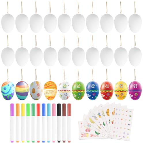 OCCOUMR 30 Stück Plastik Ostereier Bemalen, Ostereier Deko zum Aufhängen, DIY Handbemalte Eier, Ostereier Basteln Weiß mit 12 Stiften und 10 Kanincheneier Wasserfeste Tattoo-Aufkleber von OCCOUMR
