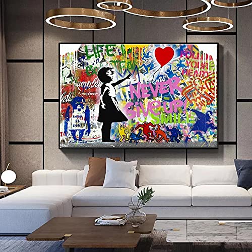 Banksy Never Give Up Ballon Mädchen Affe Leinwandbild Straße Graffiti Kunst Wand Poster Drucke Wandkunst Schlafzimmer Dekor 70x100cm Rahmenlos von OCEANGOD