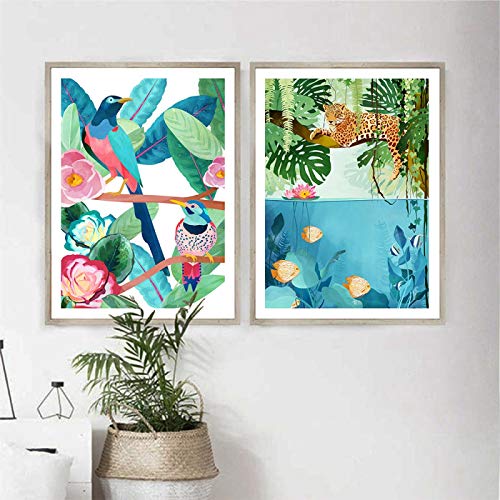OCEANGOD Jungle Tiger Art Posters and Prints Abstract Colorful Birds And Fish Wall Art Painting on Canvas Picture Home Decor 60x80cmx2pcs Rahmenlos von OCEANGOD