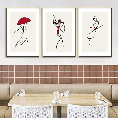 Lady Strichzeichnung Bild Roter Regenschirm Tanzendes Mädchen Leinwand Gemälde Moderne Minimalistische Wandkunst Poster Ästhetische Raumdekoration 40x50cmx3pcs Rahmenlos von OCEANGOD