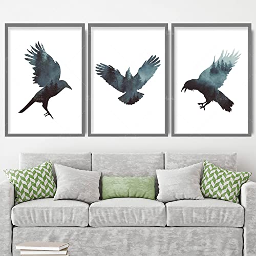 Leinwandbilder Wald Nebel Rabe Wald Kunst Gemälde Nordische Tierwelt Vogel Galerie Wand Poster Dekoration für Schlafzimmer 30x40cmx3pcs Rahmenlos von OCEANGOD