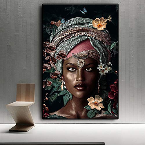 OCEANGOD Wandkunst Bilder Afrikanische Frauen Blumen Leinwand Poster Abstrakte Gemälde Mädchen Kunstdrucke für Wohnkultur, Fertig zum Aufhängen 60x80cm Innenrahmen von OCEANGOD