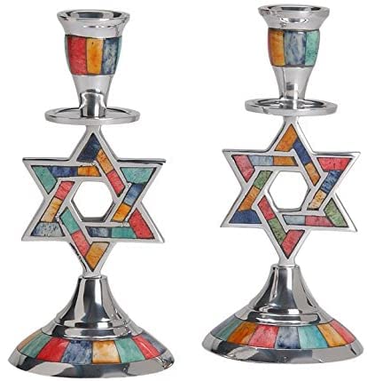 Kerzenständer aus Aluminium, Motiv: Davidstern, mit mehrfarbiger Dekoreinlage von OCEANSIDE JUDAICA
