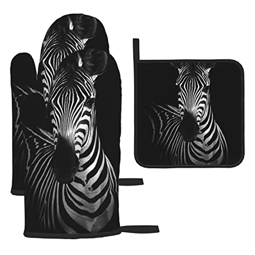 Zebra Ofenhandschuh und Topflappen Set, hitzebeständiger Ofenhandschuh, Grillhandschuh und Topflappen, geeignet für Küche Kochen und Backen und Mikrowelle (3-teiliges Set) von OCELIO