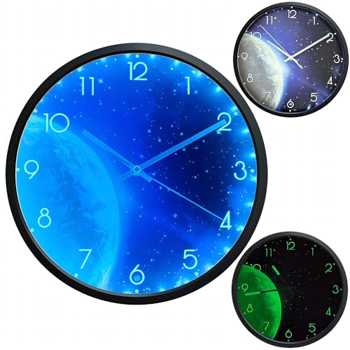 OCEST Leuchtende Wanduhr für Schlafzimmer, 30.5 cm, leise, batteriebetriebene LED-Wanduhren für Wohnzimmer/Küche, großes Display, Wanduhr, Nachtlicht, Kinder, Jungen, leuchtet im Dunkeln, Erde von OCEST