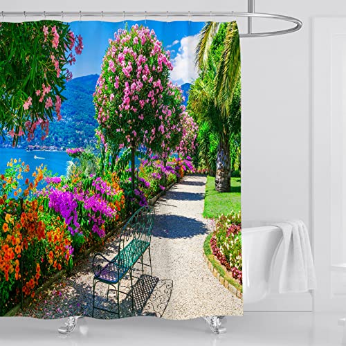 OCEUMACO 3D Landschaft Duschvorhang 180x180 Italien Meer Blumen Shower Curtains Textil Antischimmel Wasserdicht Duschvorhänge Badewanne Stoff aus Polyester Waschbar Vorhang mit Ringe - Bunt 2 von OCEUMACO
