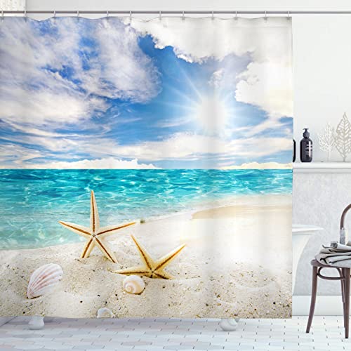 OCEUMACO 3D Strand Duschvorhang 200x200 Meer Shower Curtains Dusche Textil Antischimmel Wasserdicht Seestern Motiv Duschvorhänge Badewanne Lang Waschbar Stoff mit Ringen - Blau Beige von OCEUMACO