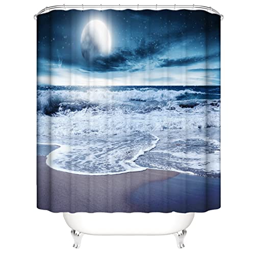 OCEUMACO 3D Strand Motiv Duschvorhang 180x180 Dunkel Meer Landschaft Shower Curtains Textil Antischimmel Wasserdicht Mond Sand Ozean Welle Duschvorhänge Badewanne Stoff aus Polyester Waschbar von OCEUMACO