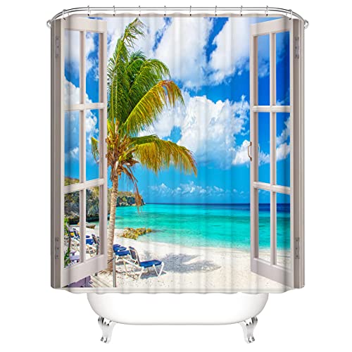 OCEUMACO 3D Strand Motiv Duschvorhang 180x180 Türkis Meer Fenster Shower Curtains Textil Antischimmel Wasserdicht Palmen Blätter Blau Duschvorhänge Badewanne Stoff aus Polyester Waschbar von OCEUMACO