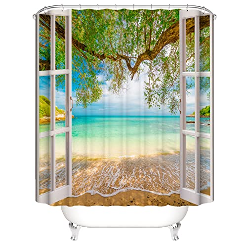 OCEUMACO 3D Strand Motiv Duschvorhang 180x200 Türkis Meer Fenster Shower Curtains Textil Antischimmel Wasserdicht Grün Baum Blätter Natur Duschvorhänge Badewanne Stoff aus Polyester Waschbar OCEUMACO 3D Strand Motiv Duschvorhang 180x200 Türkis Meer Fenster Shower Curtains Textil Antischimmel Wasserdicht Grün Baum Blätter Natur Duschvorhänge Badewanne Stoff aus Polyester Waschbar von OCEUMACO