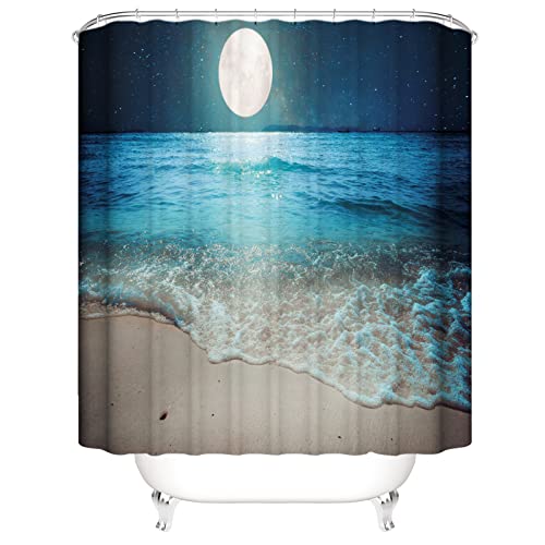 OCEUMACO 3D Strand Motiv Duschvorhang 180x200 Türkis Meer Landschaft Shower Curtains Textil Antischimmel Wasserdicht Mond Ozean Welle Braun Duschvorhänge Badewanne Stoff aus Polyester Waschbar von OCEUMACO