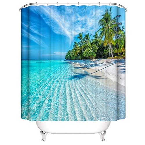 OCEUMACO 3D Strand Motiv Duschvorhang 180x200 Türkis Meer Landschaft Shower Curtains Textil Antischimmel Wasserdicht Palmen Blätter Blau Duschvorhänge Badewanne Stoff aus Polyester Waschbar von OCEUMACO
