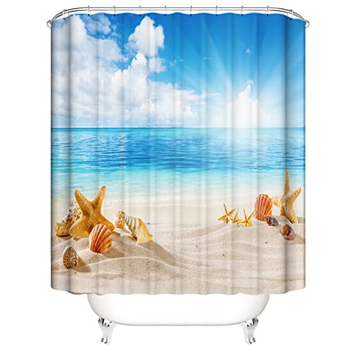 OCEUMACO 3D Strand Motiv Duschvorhang 200x200 Blau Meer Beige Sand Shower Curtains Textil Antischimmel Wasserdicht Seestern Muscheln Duschvorhänge Badewanne Stoff aus Polyester Waschbar von OCEUMACO