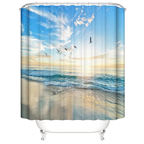 OCEUMACO 3D Strand Motiv Duschvorhang 200x200 Blau Meer Landschaft Shower Curtains Textil Antischimmel Wasserdicht Vögel Sonnenuntergang Duschvorhänge Badewanne Stoff aus Polyester Waschbar von OCEUMACO