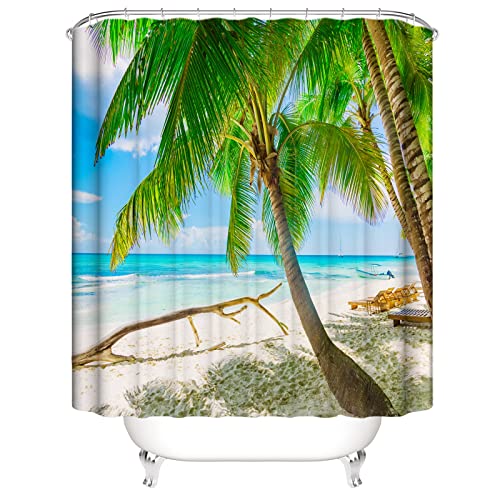 OCEUMACO 3D Strand Motiv Duschvorhang 200x200 Türkis Meer Beige Shower Curtains Textil Antischimmel Wasserdicht Grün Palmen Blätter Duschvorhänge Badewanne Stoff aus Polyester Waschbar von OCEUMACO