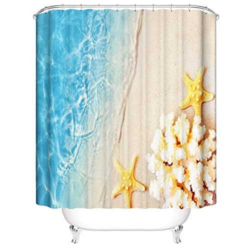 OCEUMACO 3D Strand Motiv Duschvorhang 240x200 Blau Meer Beige Sand Shower Curtains Textil Antischimmel Wasserdicht Seestern Muster Duschvorhänge Badewanne Stoff aus Polyester Waschbar von OCEUMACO