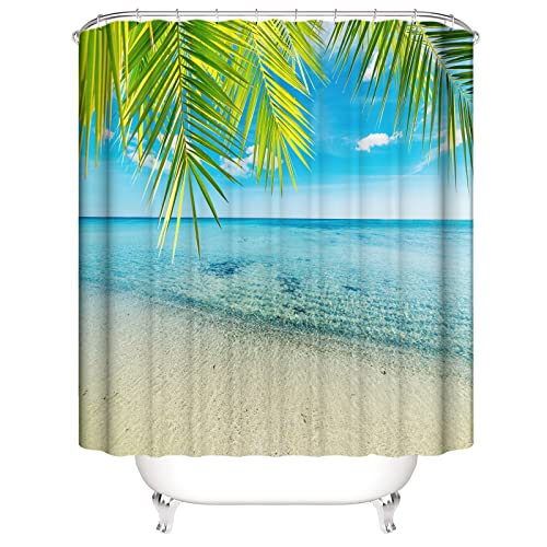 OCEUMACO 3D Strand Motiv Duschvorhang 240x200 Blau Meer Landschaft Shower Curtains Textil Antischimmel Wasserdicht Grün Palmen Blätter Duschvorhänge Badewanne Stoff aus Polyester Waschbar von OCEUMACO