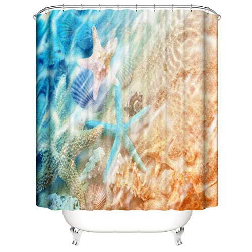 OCEUMACO 3D Strand Motiv Duschvorhang 240x200 Blau Meer Orange Sand Shower Curtains Textil Antischimmel Wasserdicht Seestern Muscheln Duschvorhänge Badewanne Stoff aus Polyester Waschbar von OCEUMACO