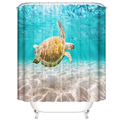 OCEUMACO 3D Unterwasserwelt Duschvorhang 200x200 Türkis Meer Schildkröte Tiere Shower Curtains Textil Antischimmel Wasserdicht Beige Sand Duschvorhänge Badewanne Stoff aus Polyester Waschbar von OCEUMACO