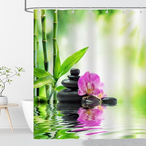 OCEUMACO 3D Zen Duschvorhang 120x180 Anti-Schimmel Wasserdicht Textil Shower Curtains Orchidee Bambus Motiv Duschvorhänge Badewanne Schmal Waschbar Stoff Bad Vorhang mit Haken - Grün 2 von OCEUMACO