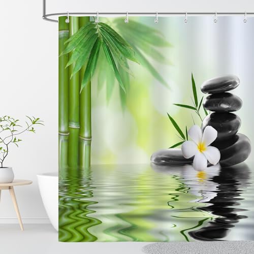 OCEUMACO 3D Zen Duschvorhang 120x200 Anti-Schimmel Wasserdicht Textil Shower Curtains Orchidee Bambus Motiv Duschvorhänge Badewanne Lang Waschbar Stoff Bad Vorhang mit Haken - Grün 1 von OCEUMACO