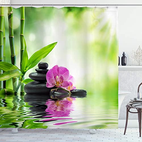 OCEUMACO 3D Zen Duschvorhang 200x200 Shower Curtains Textil Antischimmel Wasserdicht Orchidee Bambus Motiv Duschvorhänge Badewanne Lang Waschbar Stoff Dusche Vorhang mit Ringen - Grün 2 von OCEUMACO