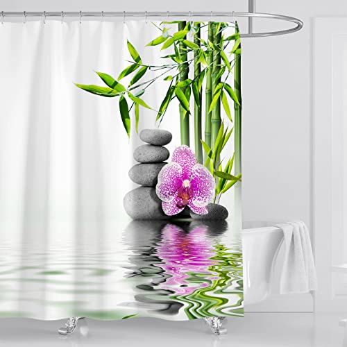 OCEUMACO Duschvorhang 120x180 Zen Shower Curtains Textil Anti Schimmel Wasserdicht 3D Orchidee Bambus Duschvorhänge Badewanne Stoff Polyester Waschbar Vorhang mit Ringe - Weiß Grün von OCEUMACO