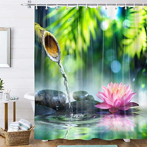 OCEUMACO Duschvorhang 120x180 Zen Shower Curtains Textil Antischimmel Wasserdicht 3D Orchidee Bambus Duschvorhänge Badewanne Stoff aus Polyester Waschbar Vorhang mit Ringe - Grün Rosa von OCEUMACO