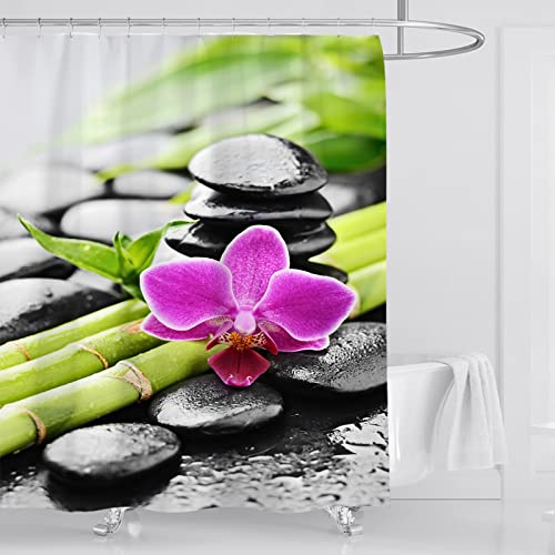 OCEUMACO Duschvorhang 180x180 Zen Shower Curtains Blumen Bambus Textil Antischimmel Wasserdicht 3D Duschvorhänge Badewanne Stoff aus Polyester Waschbar Vorhang mit 12 Ringe - Schwarz Grün 1 von OCEUMACO