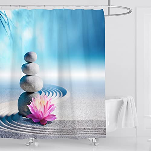 OCEUMACO Duschvorhang 180x180 Zen Shower Curtains Textil Antischimmel Wasserdicht 3D Orchidee Steine Duschvorhänge Badewanne Stoff aus Polyester Waschbar Vorhang mit Ringe - Blau Grau von OCEUMACO