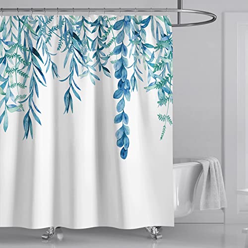 OCEUMACO Duschvorhang 180x200 Shower Curtains Eukalyptus Blätter Textil Antischimmel Wasserdicht Duschvorhänge Badewanne Stoff aus Polyester Waschbar Vorhang mit 12 Ringe - Pflanzen Blau von OCEUMACO