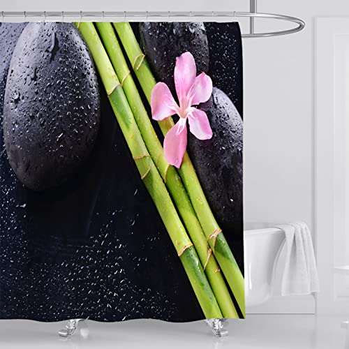 OCEUMACO Duschvorhang 180x200 Zen Shower Curtains Blumen Bambus Textil Antischimmel Wasserdicht 3D Duschvorhänge Badewanne Stoff aus Polyester Waschbar Vorhang mit 12 Ringe - Schwarz Grün 2 von OCEUMACO