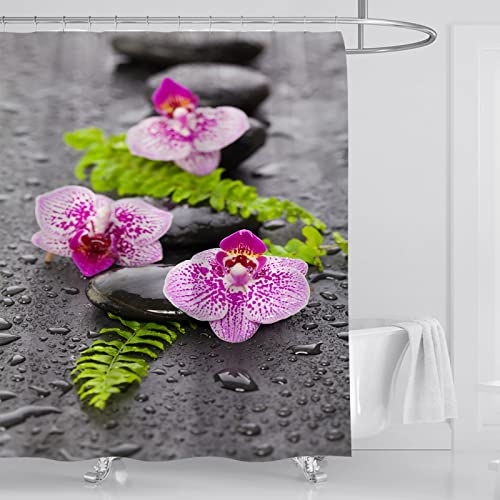 OCEUMACO Duschvorhang 180x200 Zen Shower Curtains Blumen Blätter Textil Antischimmel Wasserdicht 3D Duschvorhänge Badewanne Stoff aus Polyester Waschbar Vorhang mit Ringe - Schwarz Rosa von OCEUMACO