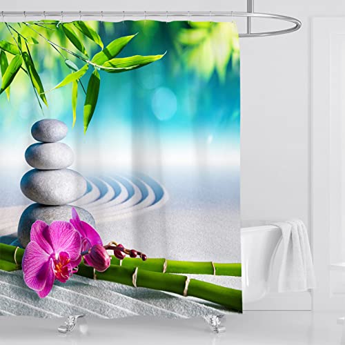 OCEUMACO Duschvorhang 240x200 Zen Shower Curtains Textil Antischimmel Wasserdicht 3D Orchidee Bambus Duschvorhänge Badewanne Stoff aus Polyester Waschbar Vorhang mit Ringe - Grau Grün von OCEUMACO