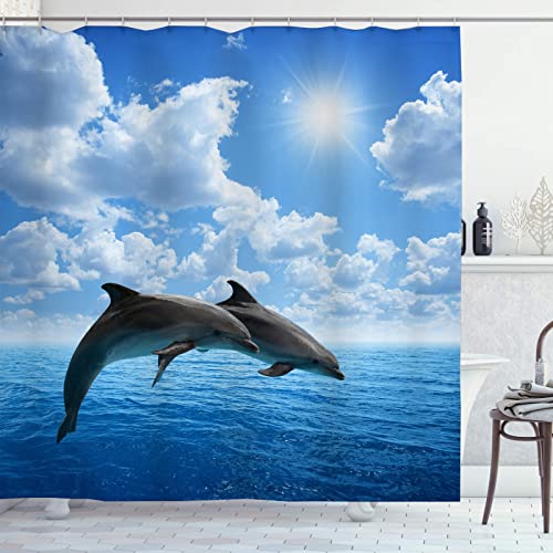 OCEUMACO Duschvorhang 3D Delphin Meer 180x180 Ocean Tiere Motiv Shower Curtains Textil Antischimmel Wasserdicht Duschvorhänge Badewanne Stoff Polyester Waschbar Lang Vorhang mit Haken - Blau 1 von OCEUMACO