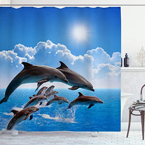 OCEUMACO Duschvorhang 3D Delphin Meer 200x200 Ocean Tiere Motiv Shower Curtains Textil Antischimmel Wasserdicht Duschvorhänge Badewanne Stoff Polyester Waschbar Lang Vorhang mit Haken - Blau 2 von OCEUMACO