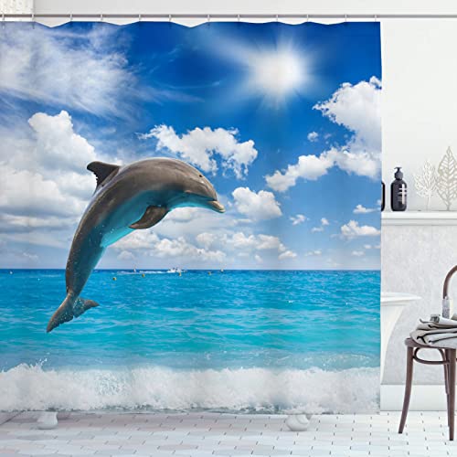 OCEUMACO Duschvorhang 3D Delphin Meer 200x200 Ocean Tiere Motiv Shower Curtains Textil Antischimmel Wasserdicht Duschvorhänge Badewanne Stoff Polyester Waschbar Lang Vorhang mit Haken - Blau 4 von OCEUMACO