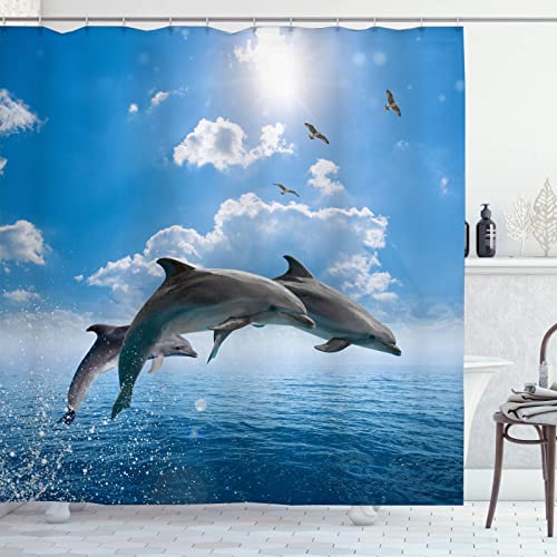 OCEUMACO Duschvorhang 3D Delphin Meer 240x200 Ocean Tiere Motiv Shower Curtains Textil Antischimmel Wasserdicht Duschvorhänge Badewanne Stoff Waschbar Extra Breit Vorhang mit Haken - Blau 5 von OCEUMACO