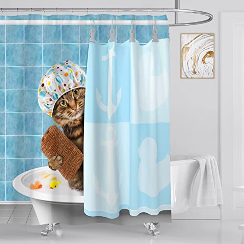 OCEUMACO Duschvorhang Katze Motiv 200x200 3D Funny Cat Lustig Ente Shower Curtains Textil Antischimmel Wasserdicht Kinder Duschvorhänge Badewanne Stoff Waschbar Lang Vorhang mit Ringe - Blau 3 von OCEUMACO