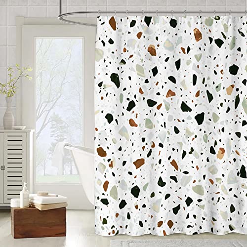 OCEUMACO Duschvorhang Marmor Motiv 180x180 3D Effekt Terrazzo Shower Curtains Textil Antischimmel Wasserdicht Duschvorhänge Badewanne Stoff Polyester Waschbar Lang Vorhang mit Ringe - Grün Beige von OCEUMACO