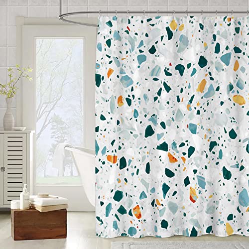 OCEUMACO Duschvorhang Marmor Motiv 200x200 3D Effekt Terrazzo Shower Curtains Textil Antischimmel Wasserdicht Duschvorhänge Badewanne Stoff Polyester Waschbar Lang Vorhang mit Ringe - Grau Blau von OCEUMACO