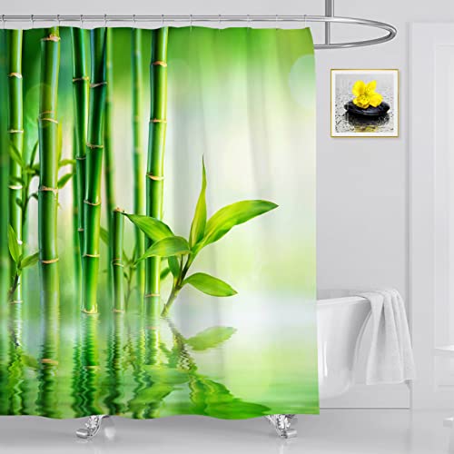 OCEUMACO Duschvorhang Natur Bambus 200x200 3D Grün Pflanzen Blätter Shower Curtains Textil Antischimmel Wasserdicht Duschvorhänge Badewanne Stoff Polyester Waschbar Lang Vorhang mit Ringe - 2 von OCEUMACO